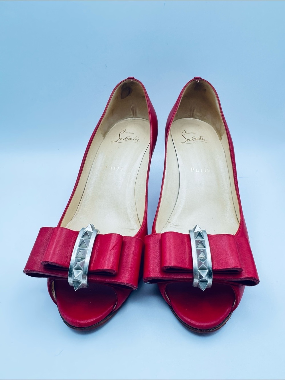 Christian Louboutin Red Leather Bow 70mm Studded Heels Pumps Size 38.5 - Picture 3 of 10
